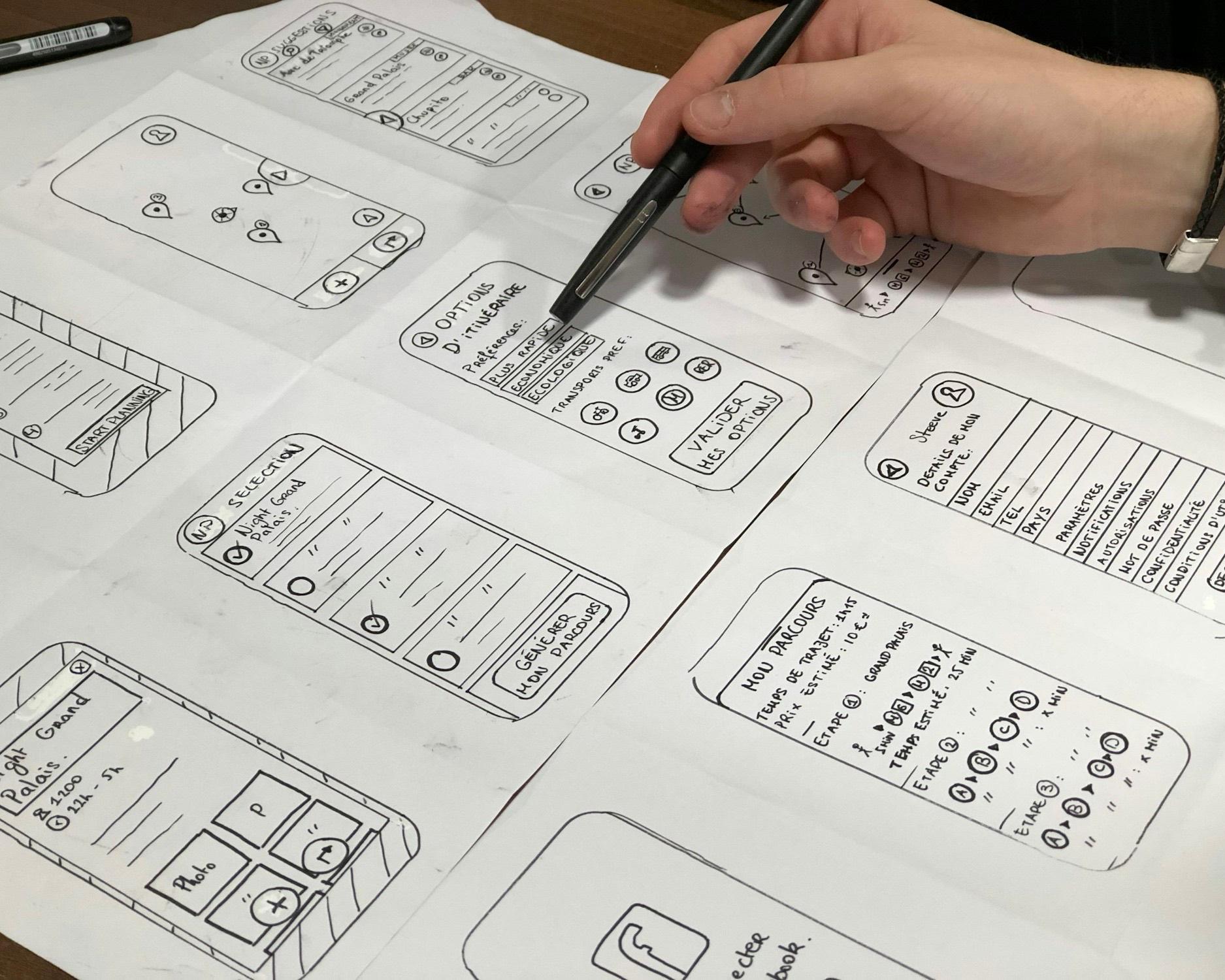 Una mano dibuja wireframes para móvil en hojas de papel