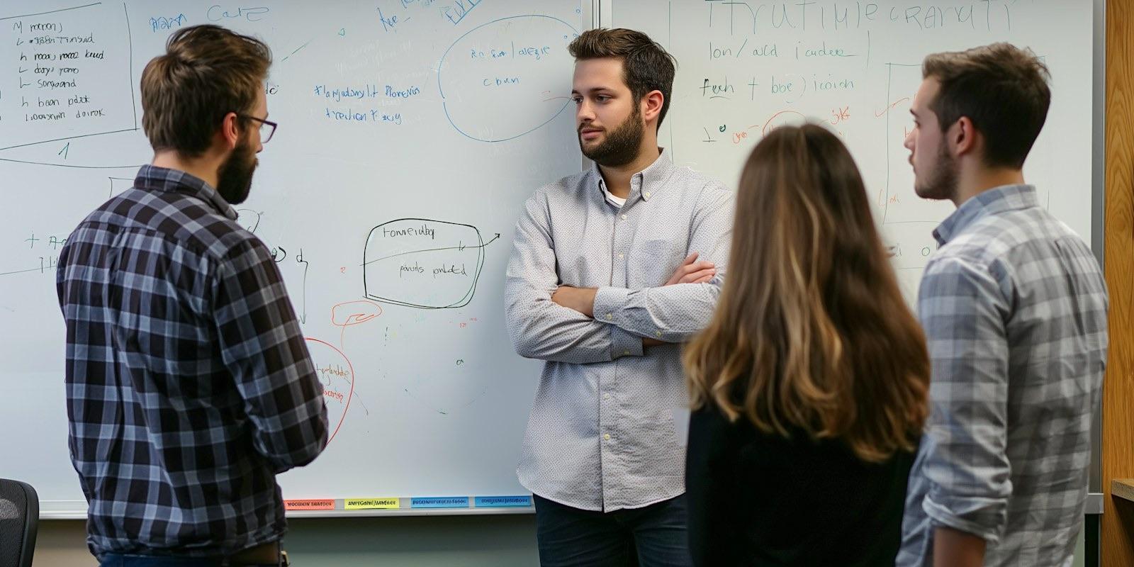 Fire kolleger står foran en whiteboard fyldt med noter og diagrammer og drøfter en plan