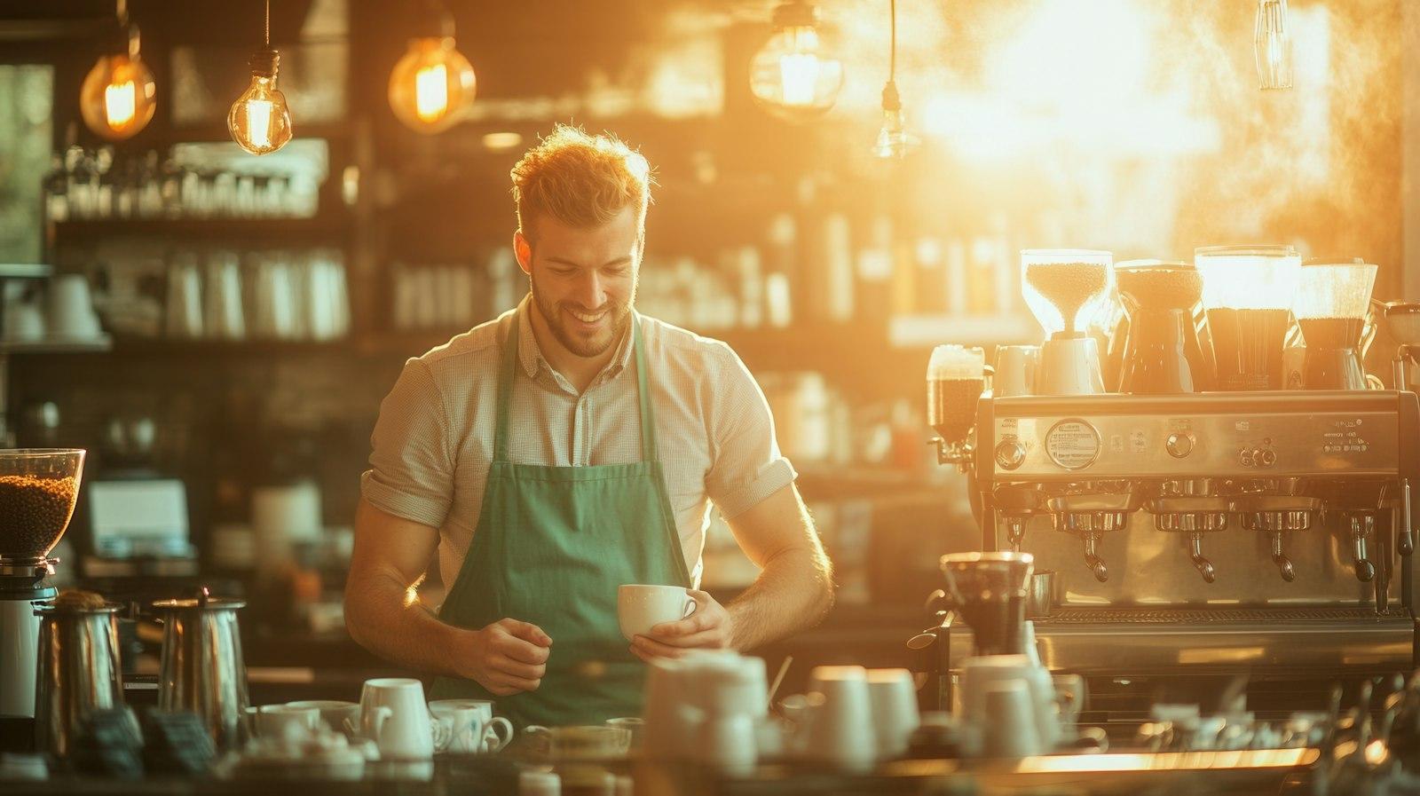 Um barista sorridente de avental verde prepara um café numa cafetaria iluminada pelo sol.