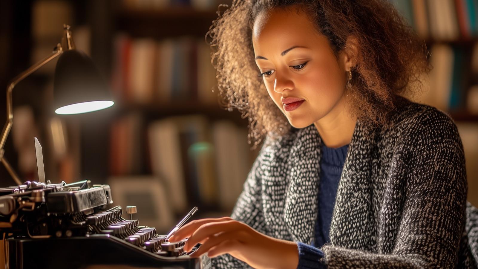 En kvinne som skriver på en gammel skrivemaskin i et bibliotek med varmt lys, et bilde på å skrive og jobbe med hjelp av maskiner