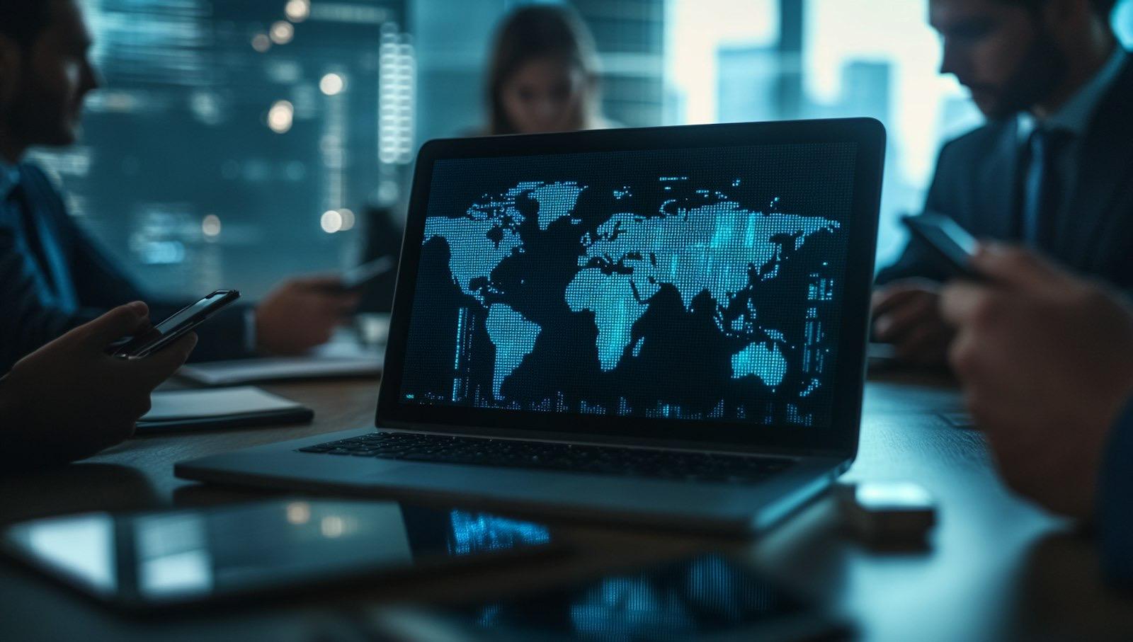 Un portatile mostra una mappa del mondo digitale su un tavolo da riunione, con colleghi sfocati che usano lo smartphone