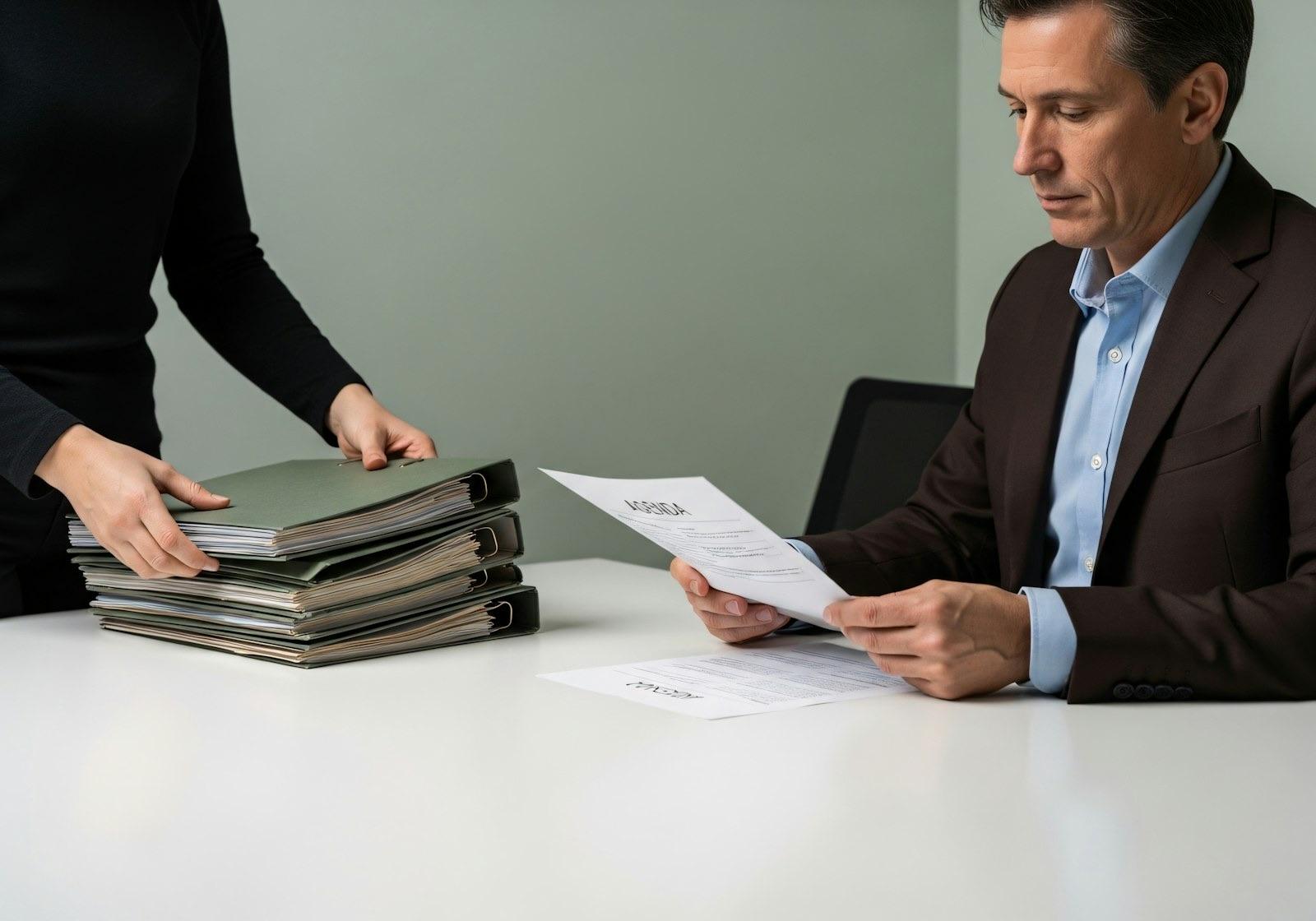Un hombre revisa un documento en una mesa de oficina mientras una compañera apila carpetas a su lado.