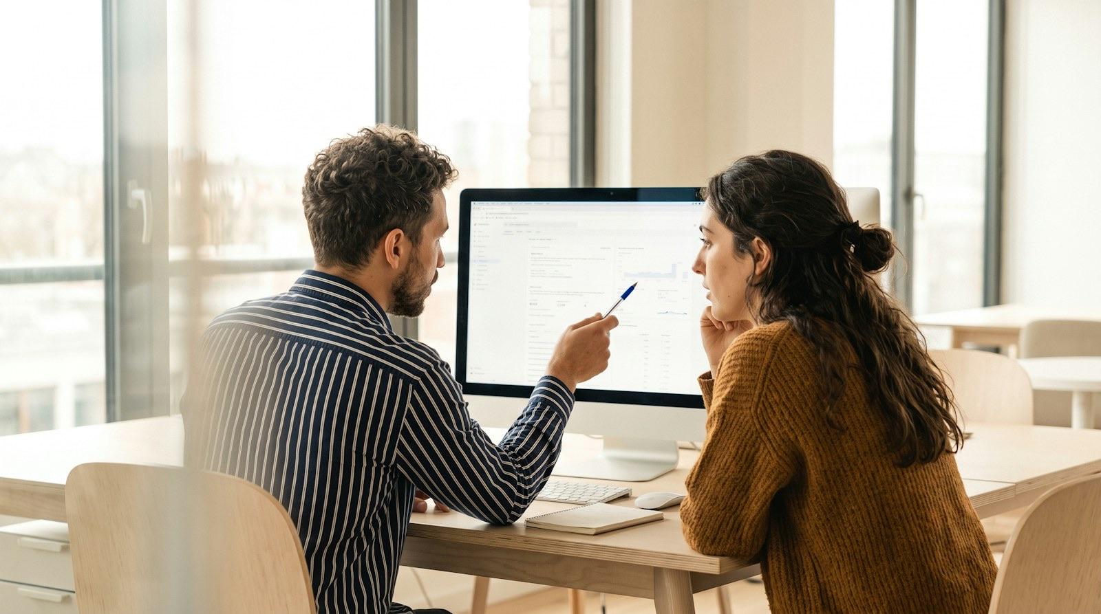 Twee collega’s bespreken gegevens op een computerscherm in een licht kantoor, de man wijst met een pen naar het scherm