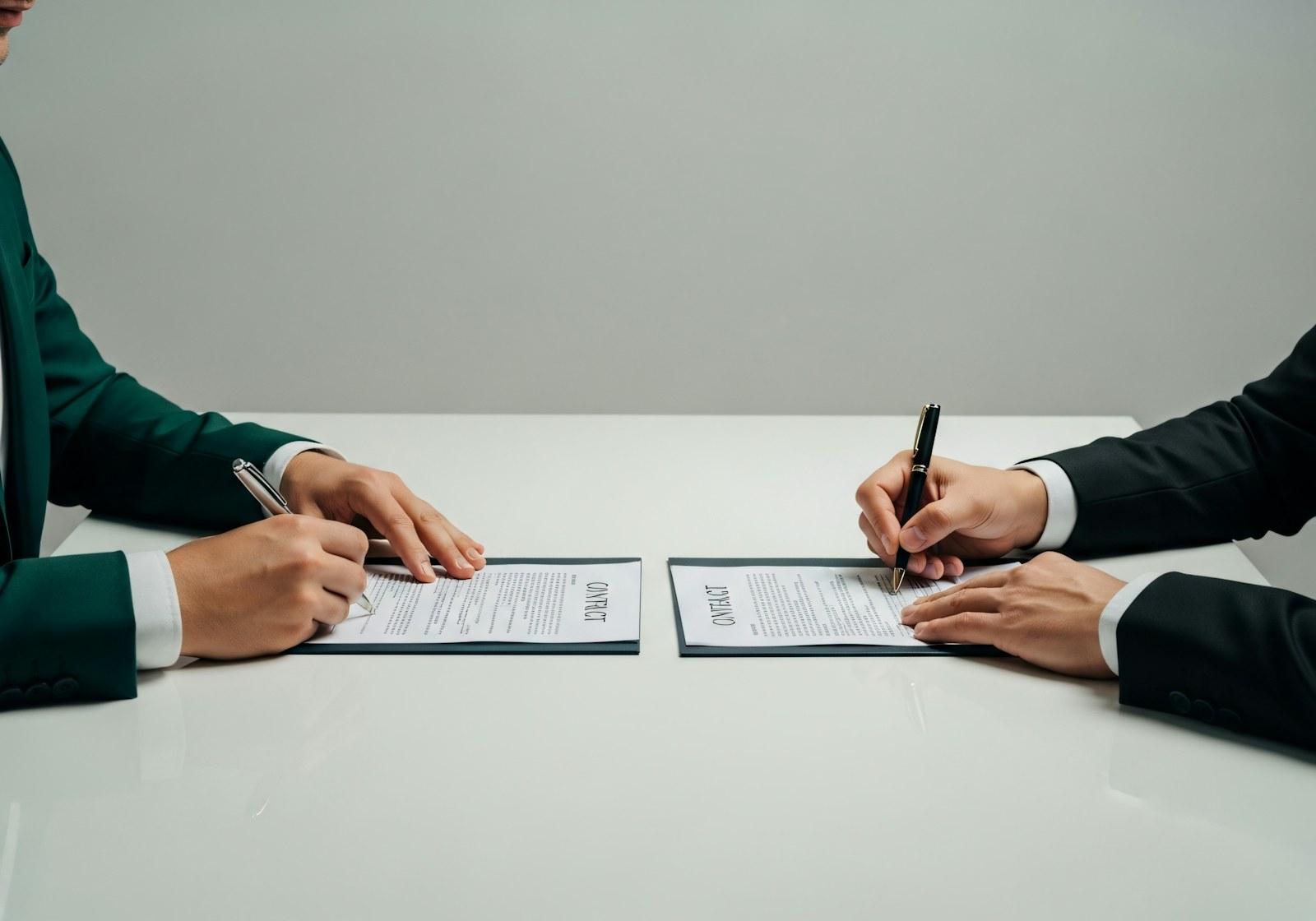 Two people in suits signing documents across a white table, a picture of agreeing on an SEO contract