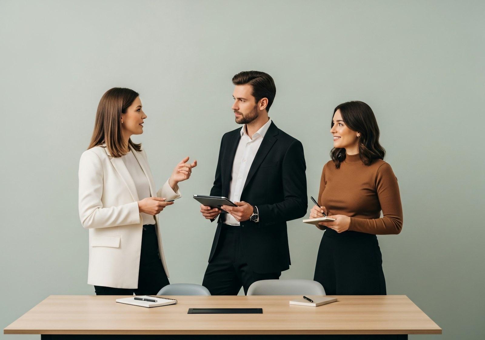 Trois collègues en tenue de bureau discutent debout derrière une table, l’un tenant une tablette et une autre un carnet