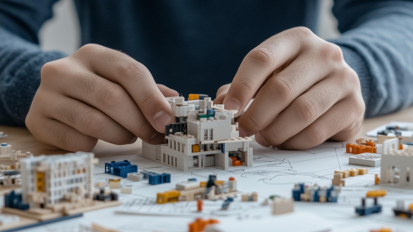 Händer som bygger en arkitektmodell av klossar på en ritning, en bild för att planera och bygga en hemsida tillsammans med en byrå