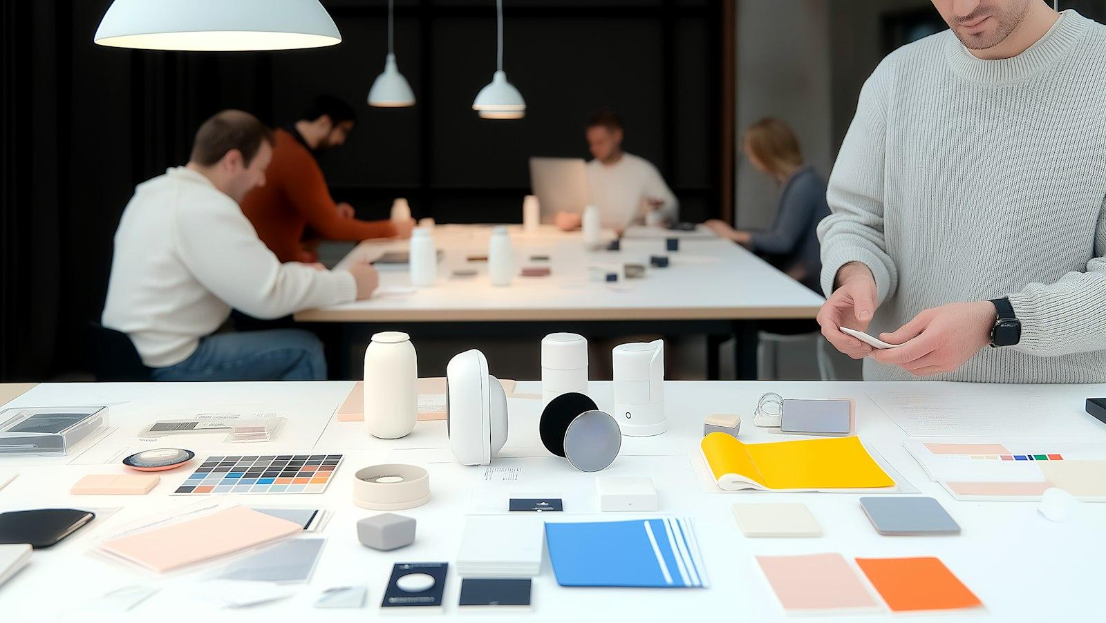 Et designteam ved et langt bord med fargeprøver, materialer og skisser, et bilde på arbeidet med en ny nettside