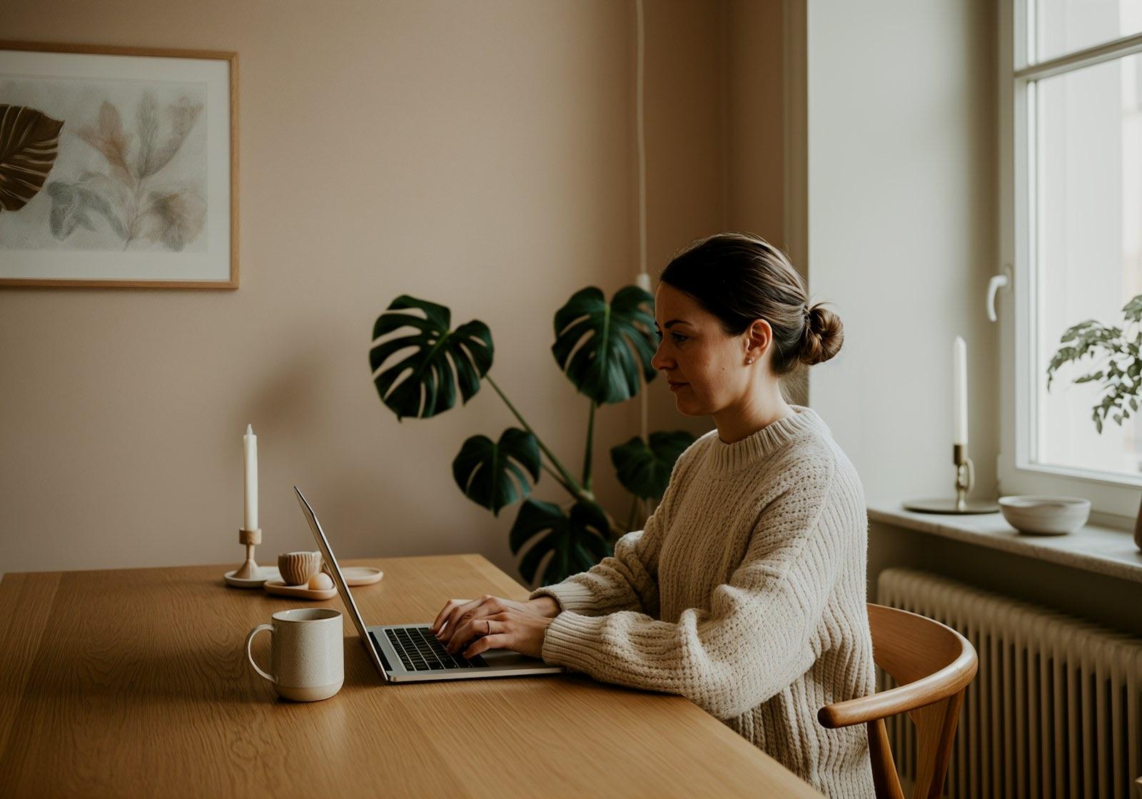 En kvinde i en hyggelig sweater arbejder på en bærbar computer ved et træbord omgivet af planter og blødt dagslys