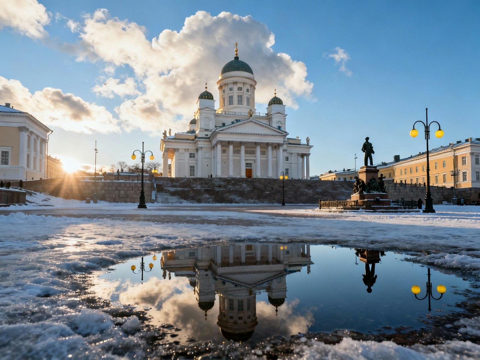 Helsingin tuomiokirkko ja Senaatintori talvella, kirkko heijastuu lumen keskellä olevaan lätäkköön