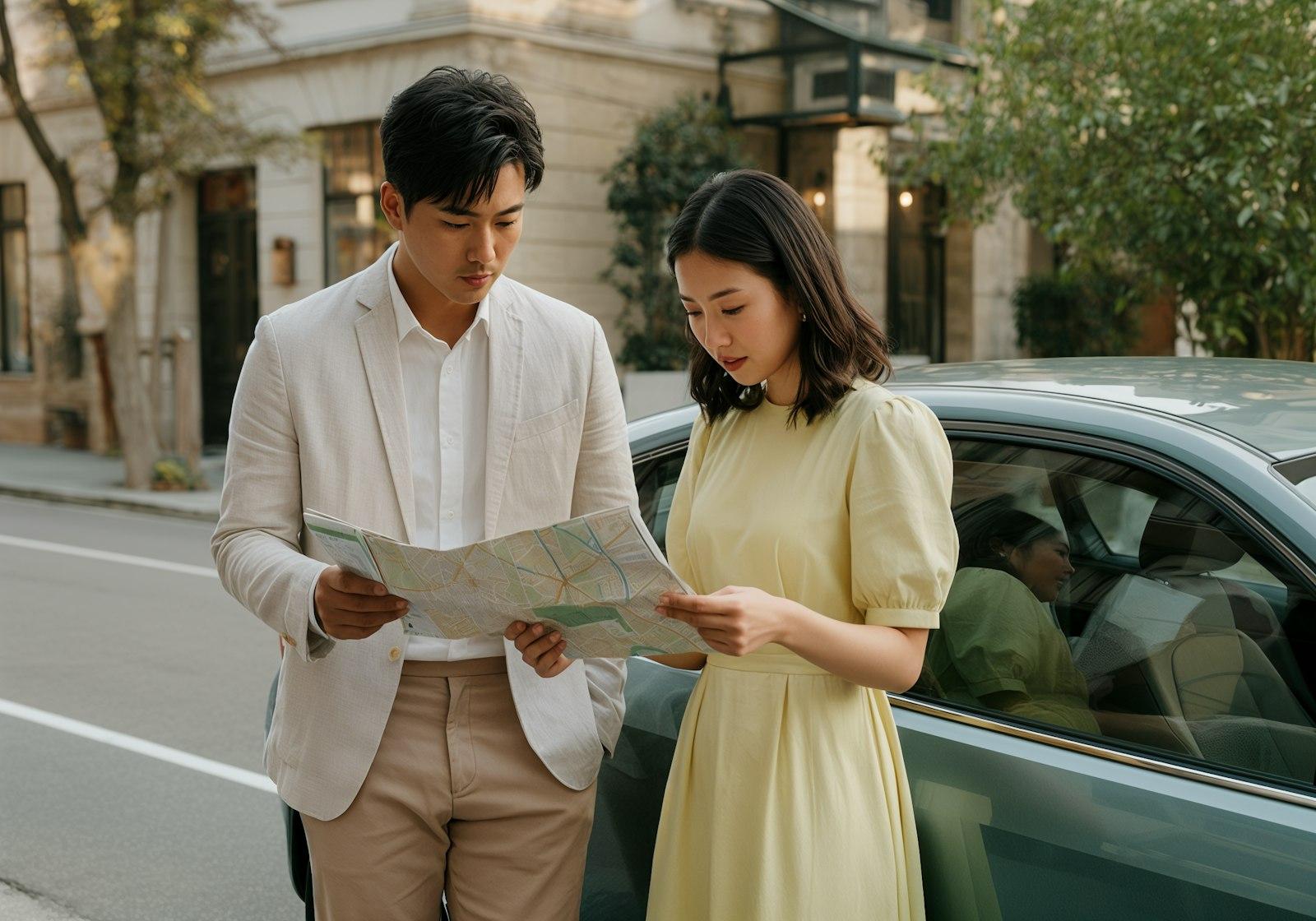 Um homem e uma mulher consultam um mapa junto a um carro estacionado numa rua arborizada.