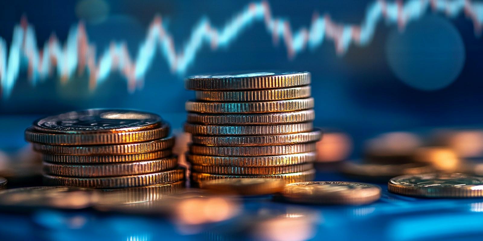 Pilas de monedas delante de un gráfico financiero, una imagen de lo que cuesta el posicionamiento web