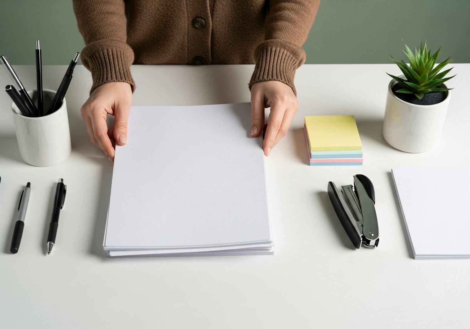 Henkilö asettelee paperinippua valkoiselle työpöydälle, jolla on kyniä, nitoja, muistilappuja ja viherkasvi