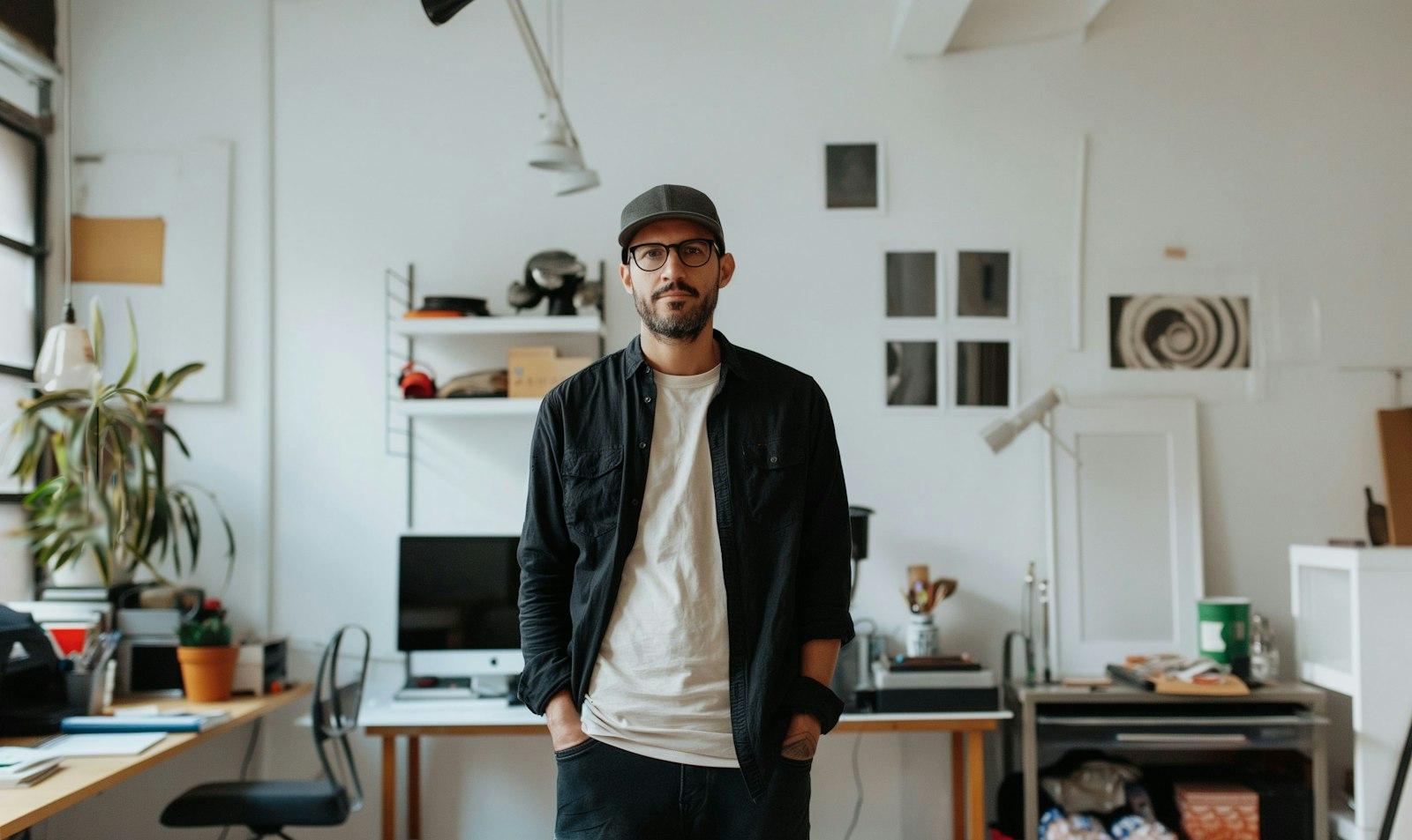 Un uomo con cappellino e occhiali in piedi in uno studio luminoso con scrivanie, computer e stampe alle pareti, un'immagine del lavoro su un nuovo sito web