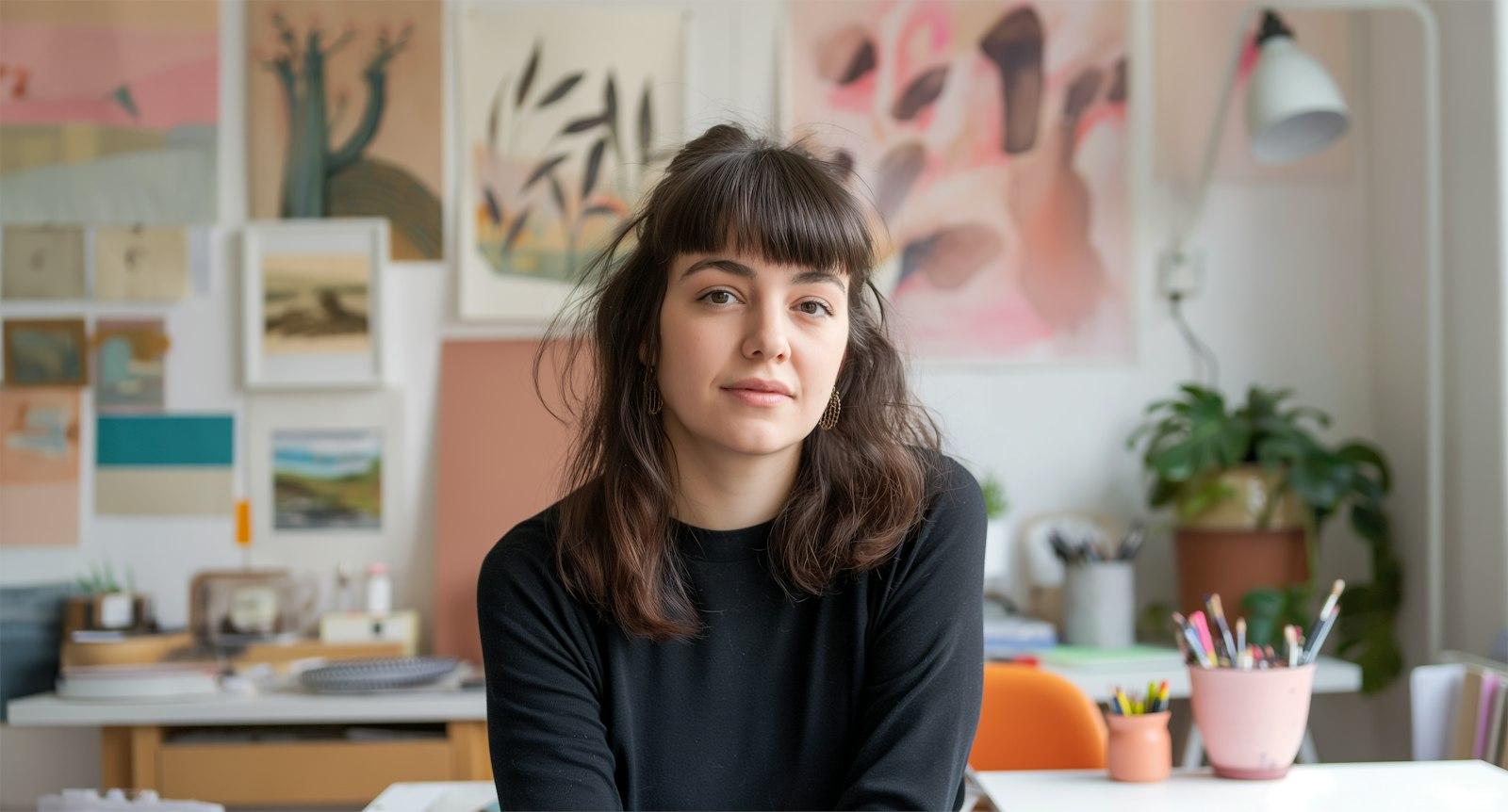 Uma mulher sentada num estúdio de design com ilustrações nas paredes e plantas, uma imagem do trabalho de criação de um site