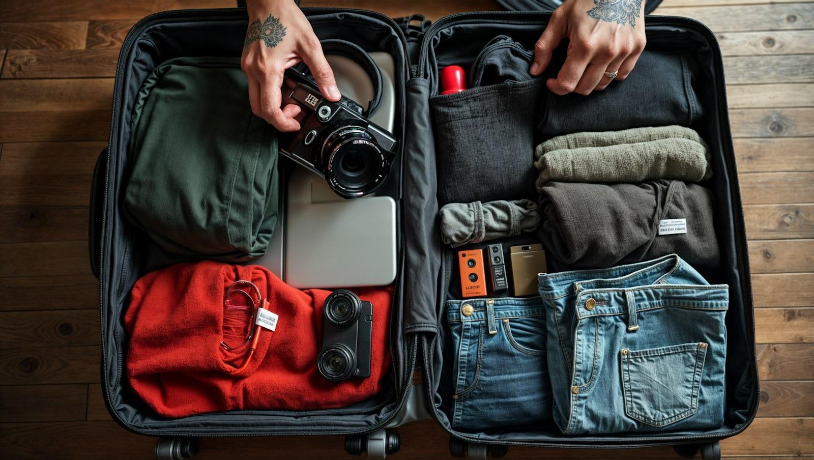 Manos tatuadas preparan una maleta abierta con ropa, una cámara y accesorios para viajar.