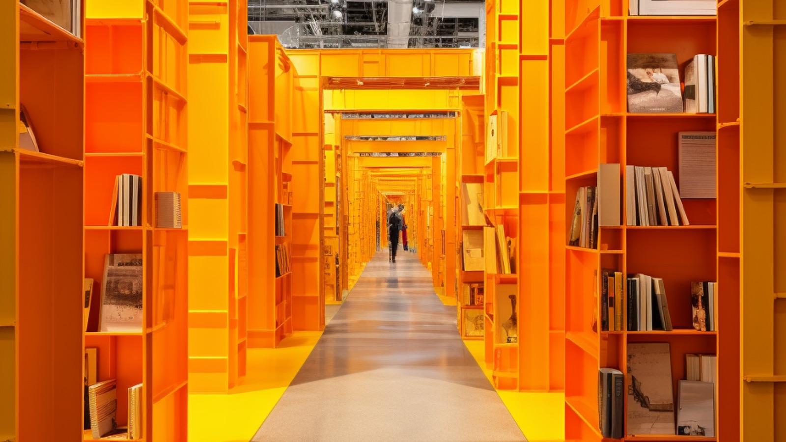 En lång bibliotekskorridor med orangea bokhyllor, en bild för hur AI letar bland källor innan den svarar