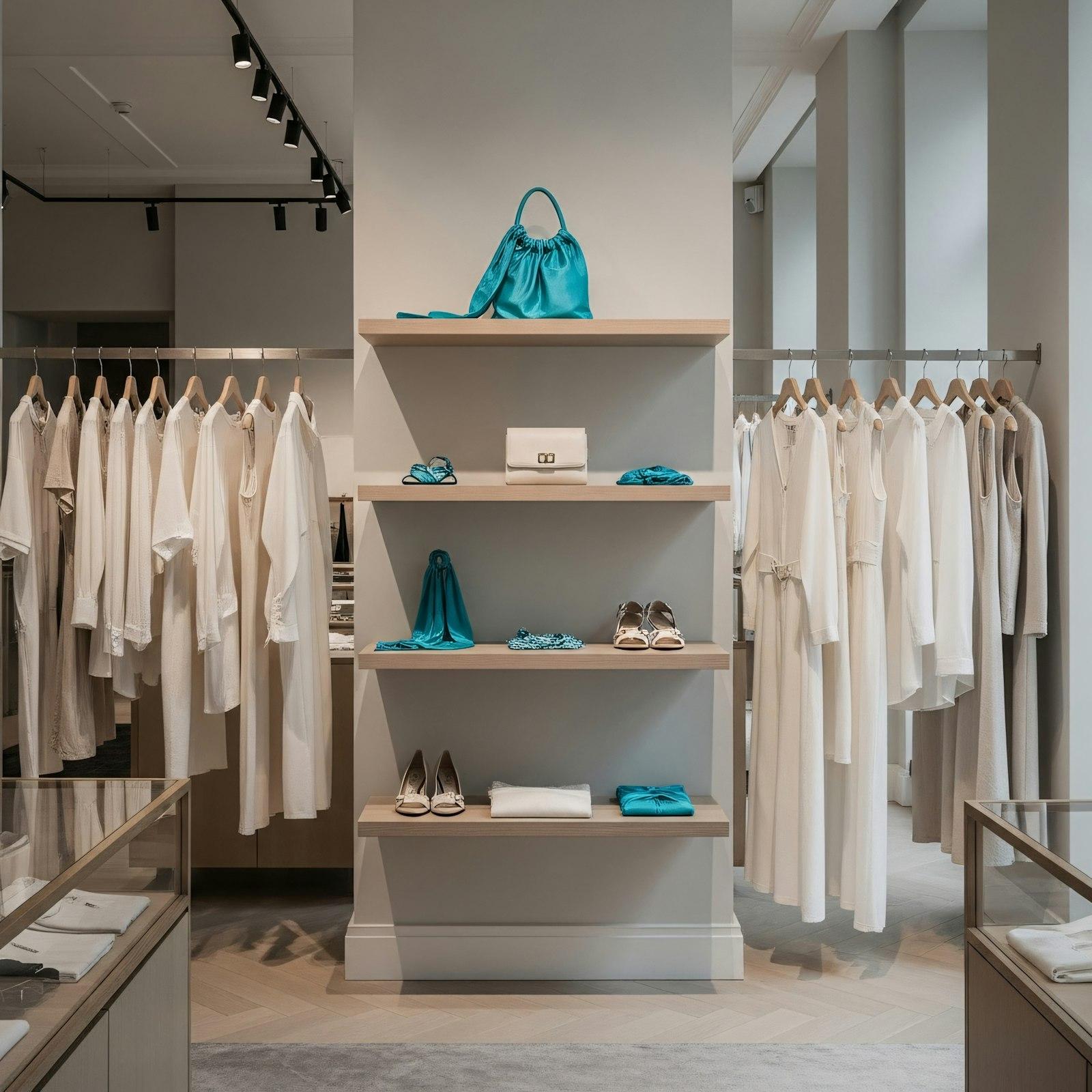 Interior de uma boutique minimalista com roupa branca nos cabides e acessórios turquesa nas prateleiras.