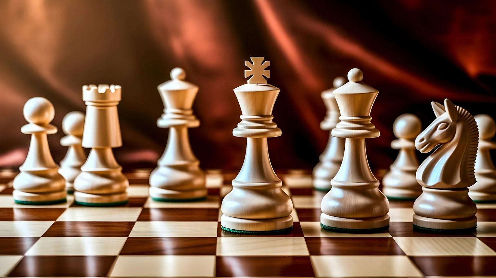 Pièces d’échecs en bois sur un échiquier brillant, une image de la stratégie derrière un devis SEO