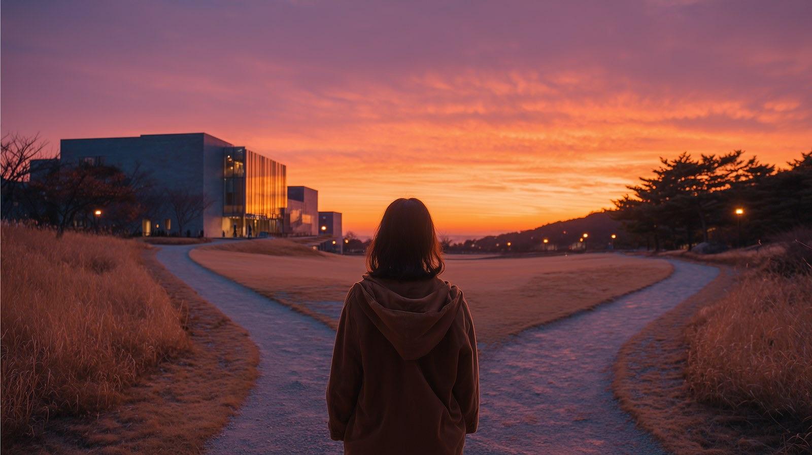 En person set bagfra står ved en sti, der deler sig i to, under en orange solnedgang, et billede på valget mellem Wix og WordPress