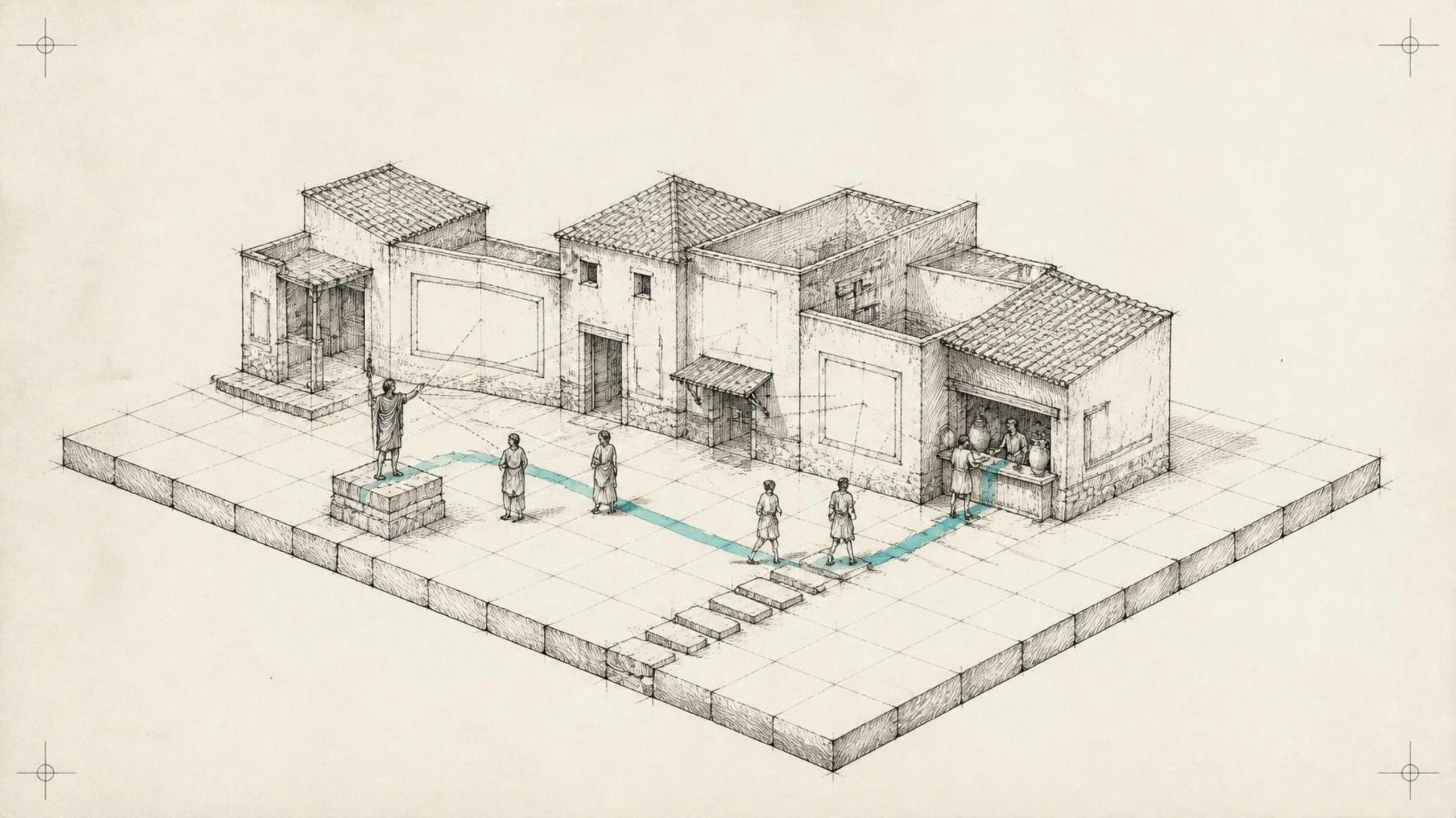 Ink drawing of a Roman street: a guide on a plinth points the way while people follow a green path to a market stall.