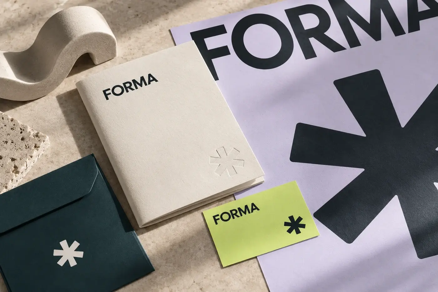 FORMA concept identity with a lilac poster, lime business card and embossed brand guidelines