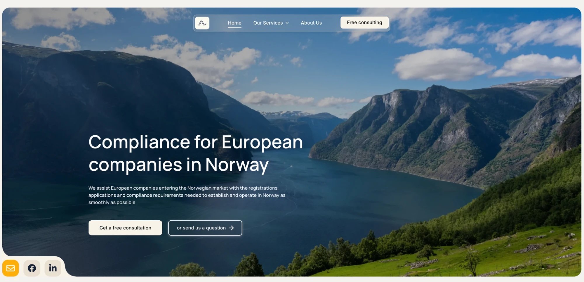 O site novo da Access Norway: um fiorde norueguês, o título “Compliance for European companies in Norway” e um botão “Get a free consultation”