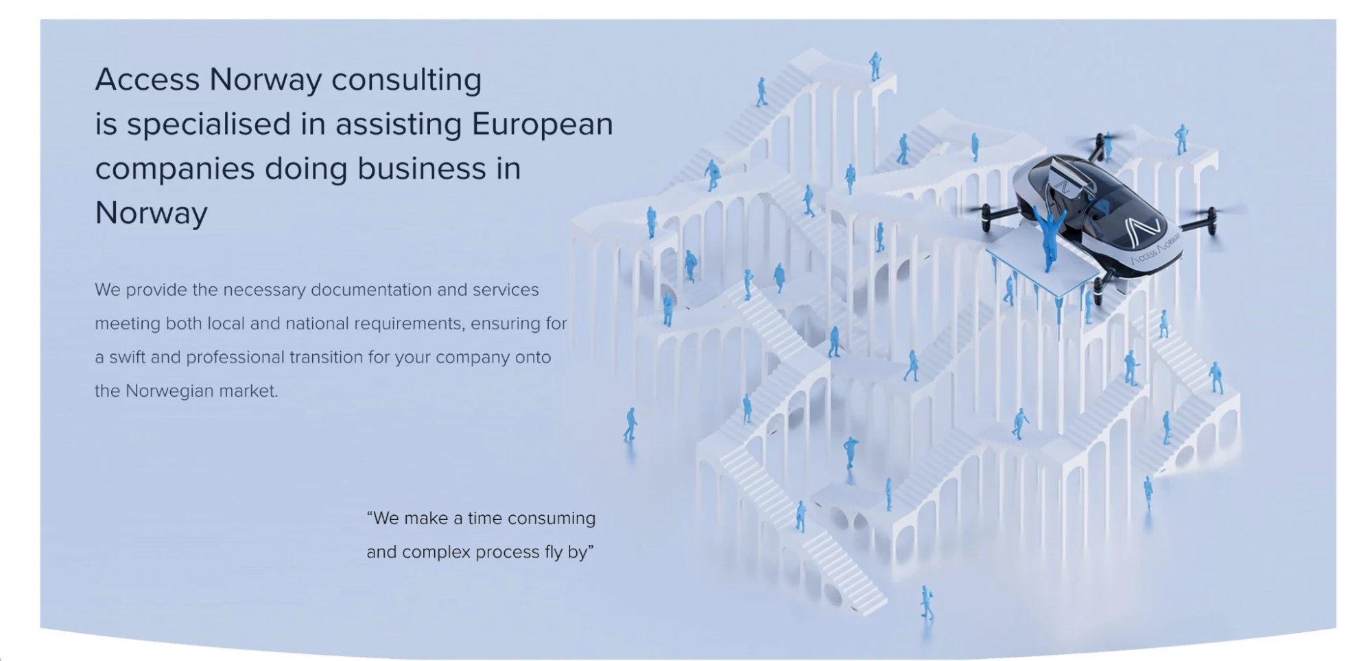 Access Norway's old website: a long heading next to a light blue 3D illustration with stairs, figures and a flying car