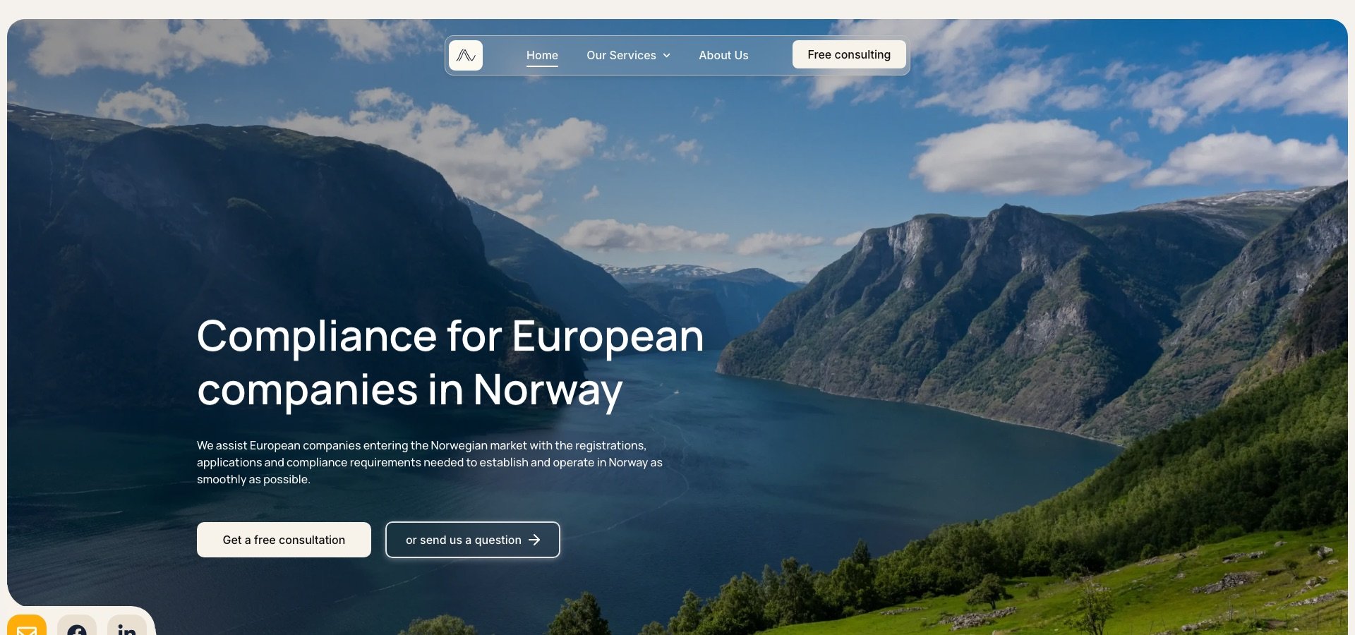 La página de inicio de Access Norway con el titular «Compliance for European companies in Norway» sobre un fiordo noruego