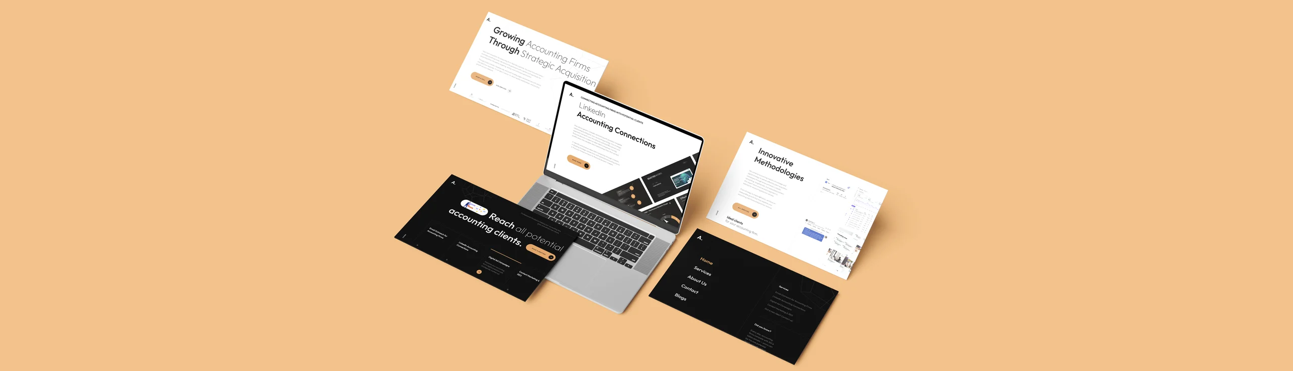 Mockup de tableta que muestra el título ‘Crecimiento de despachos contables mediante adquisiciones estratégicas’ con botones de llamada a la acción sobre fondo bicolor naranja y pizarra.