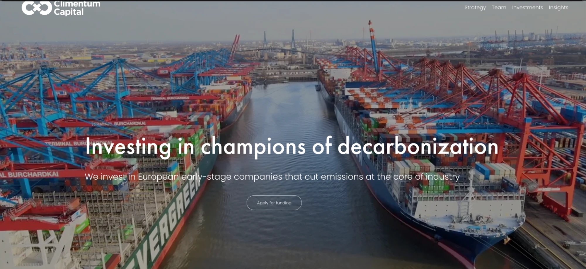 Climentum Capitals gamle hjemmeside: en containerhavn set fra luften med overskriften “Investing in champions of decarbonization”