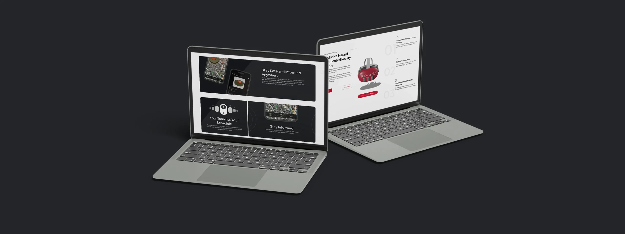 Maqueta de un ordenador portátil que muestra el nuevo sitio web de EODynamics, con un diseño moderno y autorizado que muestra sus avanzados sistemas de entrenamiento EOD.