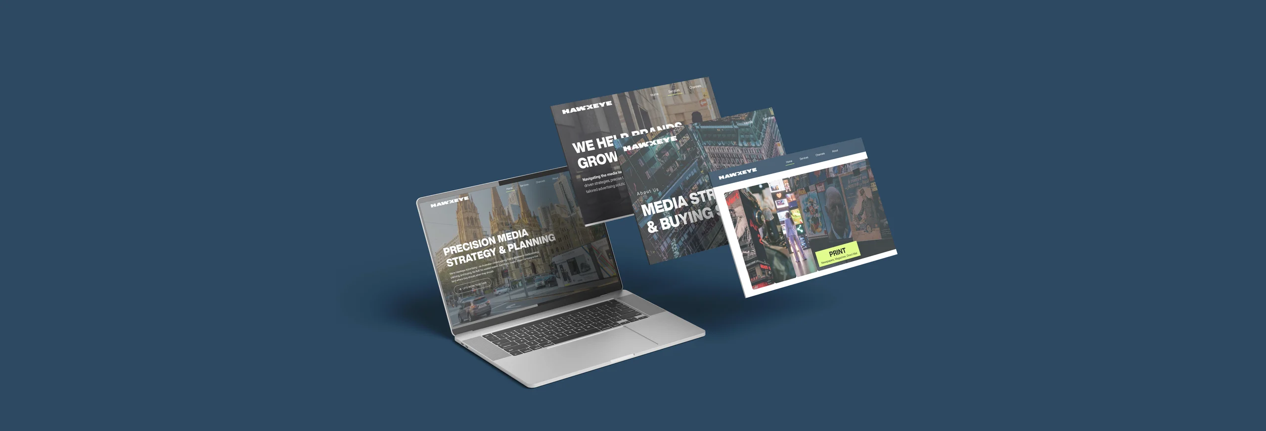 Mockup del sitio web de Hawkeye Advertising en laptop y tablet mostrando estrategia de medios y servicios de branding