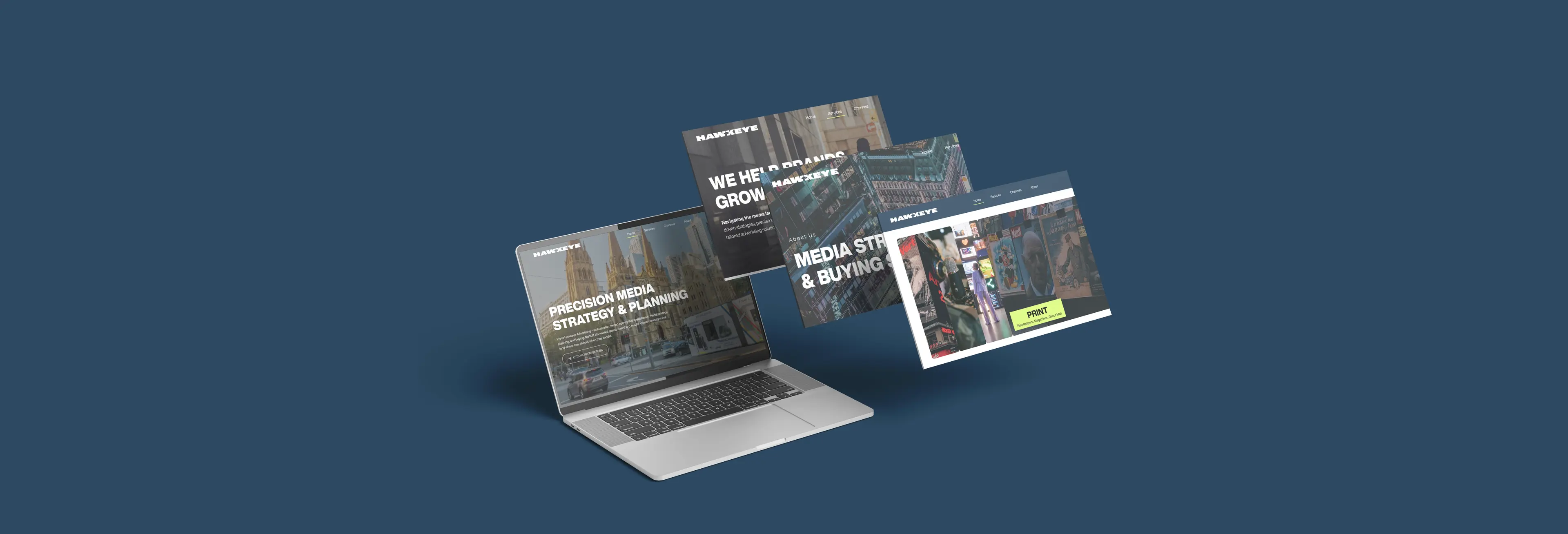 Mockup del sito web di Hawkeye Advertising su laptop e tablet che mostra strategia media e servizi di branding