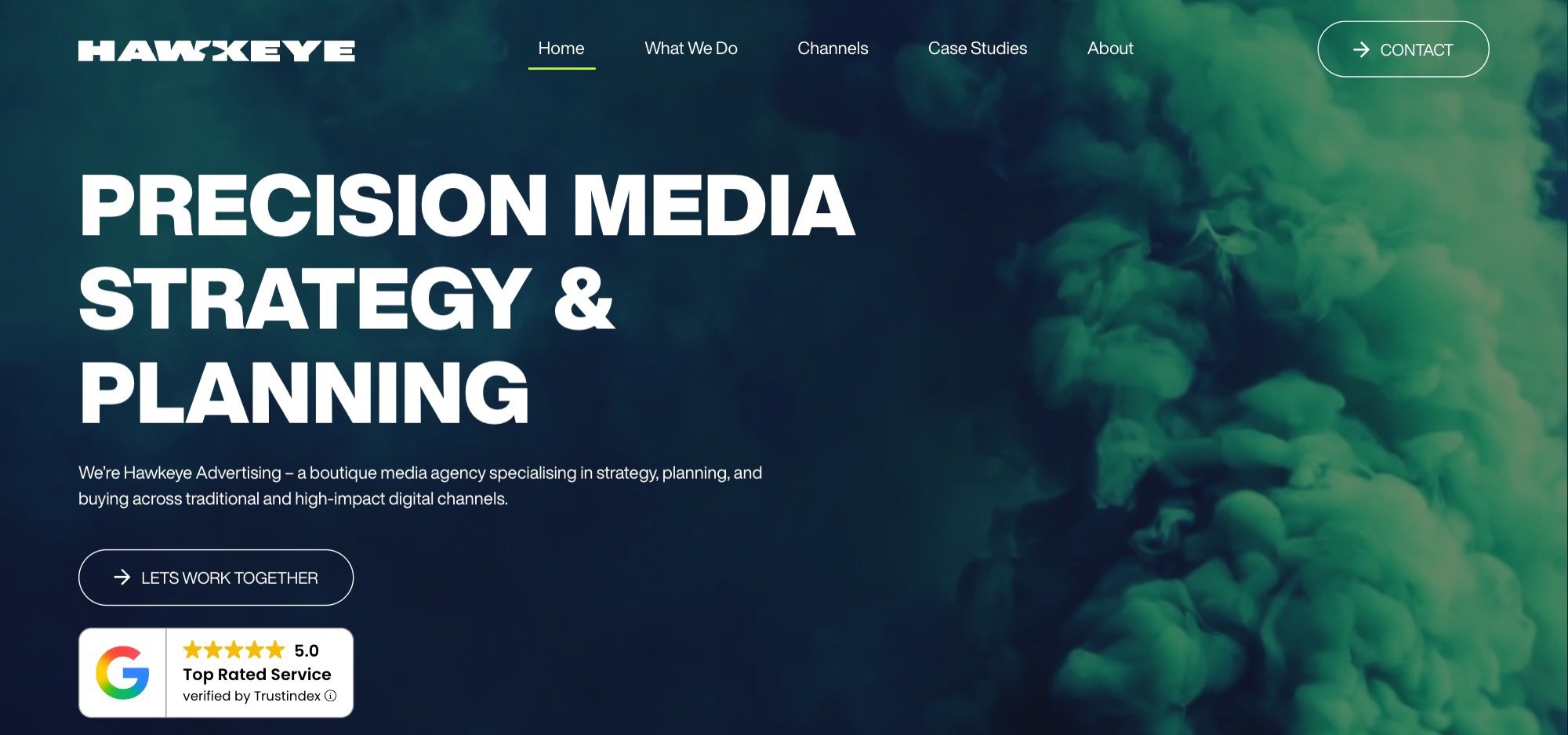 Hawkeye's new website: green smoke in the background, the heading “Precision media strategy & planning”, a “Lets work together” button and a 5.0 Google rating