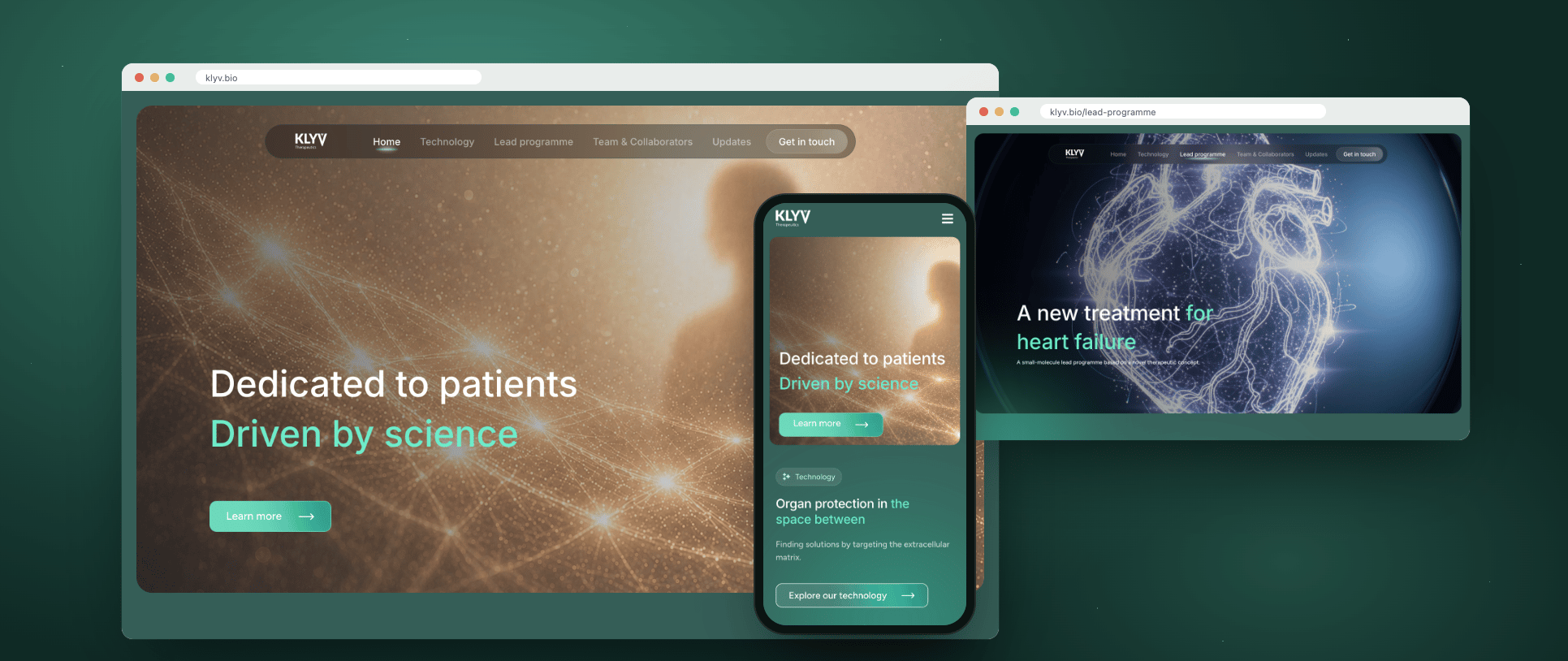 La página de inicio de KLYV Therapeutics en una ventana del navegador, con la página del programa principal al lado y la versión móvil delante.