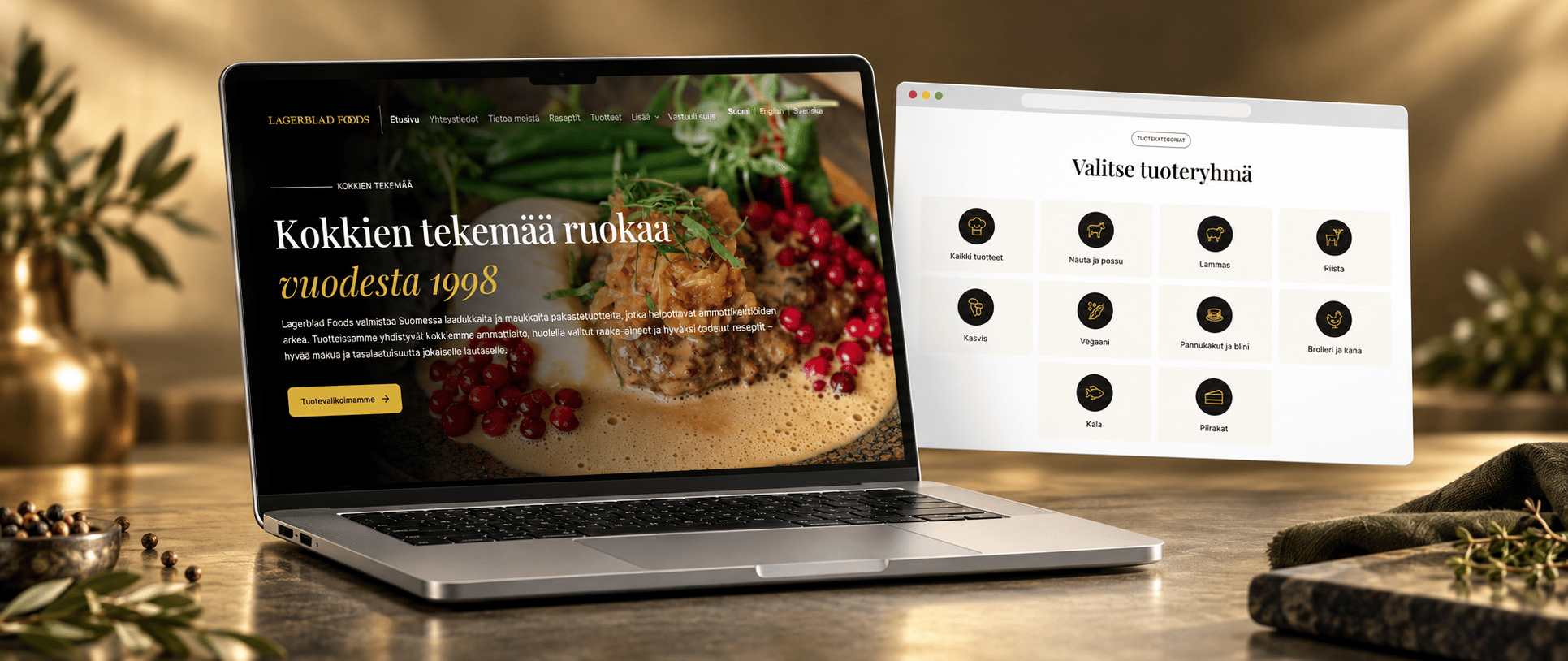 La página de inicio finlandesa de Lagerblad Foods en un portátil con una vista flotante de las categorías de producto.
