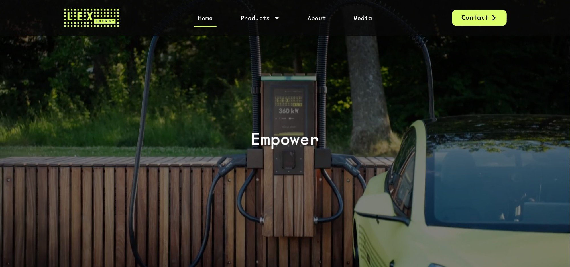LexEnergy's new website: footage of a charging station and an electric car, the heading “Empower” and a menu with Products, About and Media
