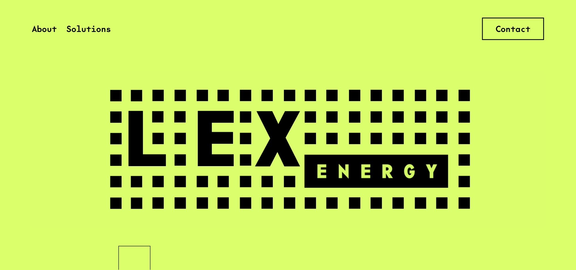 LexEnergy's old website: a lime green area with a large LEX ENERGY logo and the links About, Solutions and Contact