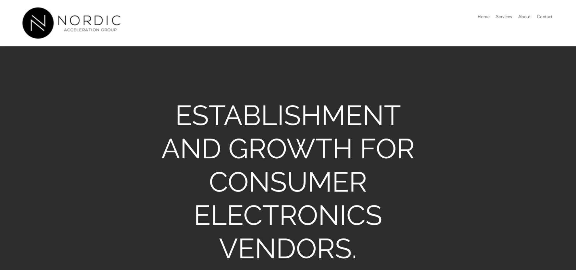 Nordic Acceleration Group's old website: a white header and a dark area with the all-caps heading “Establishment and growth for consumer electronics vendors”