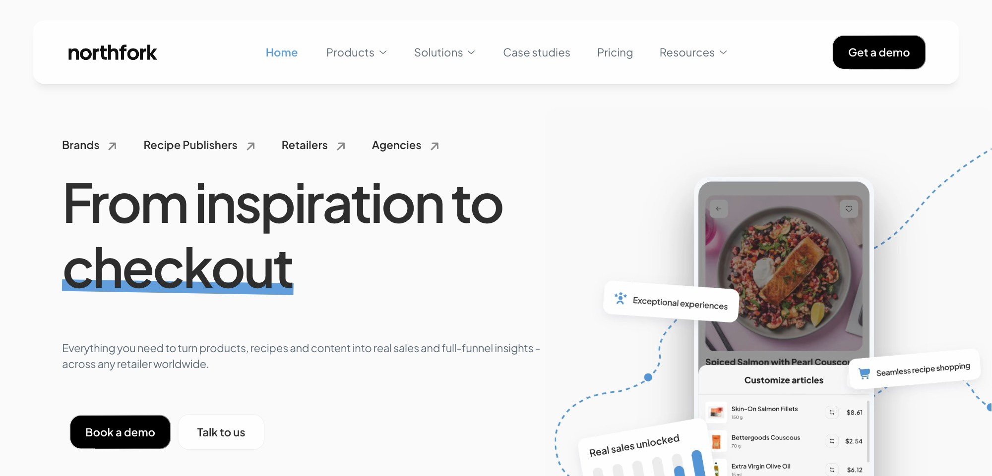 Northforks nye hjemmeside: overskriften “From inspiration to checkout”, links til Brands, Recipe Publishers, Retailers og Agencies samt en “Book a demo”-knap