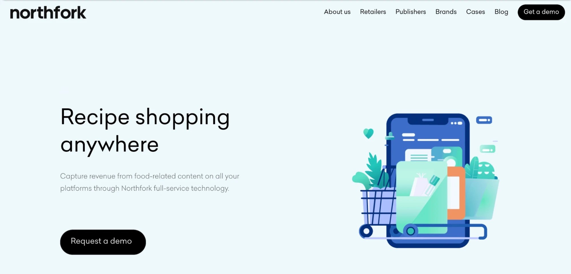 O site antigo da Northfork: o título “Recipe shopping anywhere” ao lado de uma ilustração de um telemóvel e de um carrinho de compras