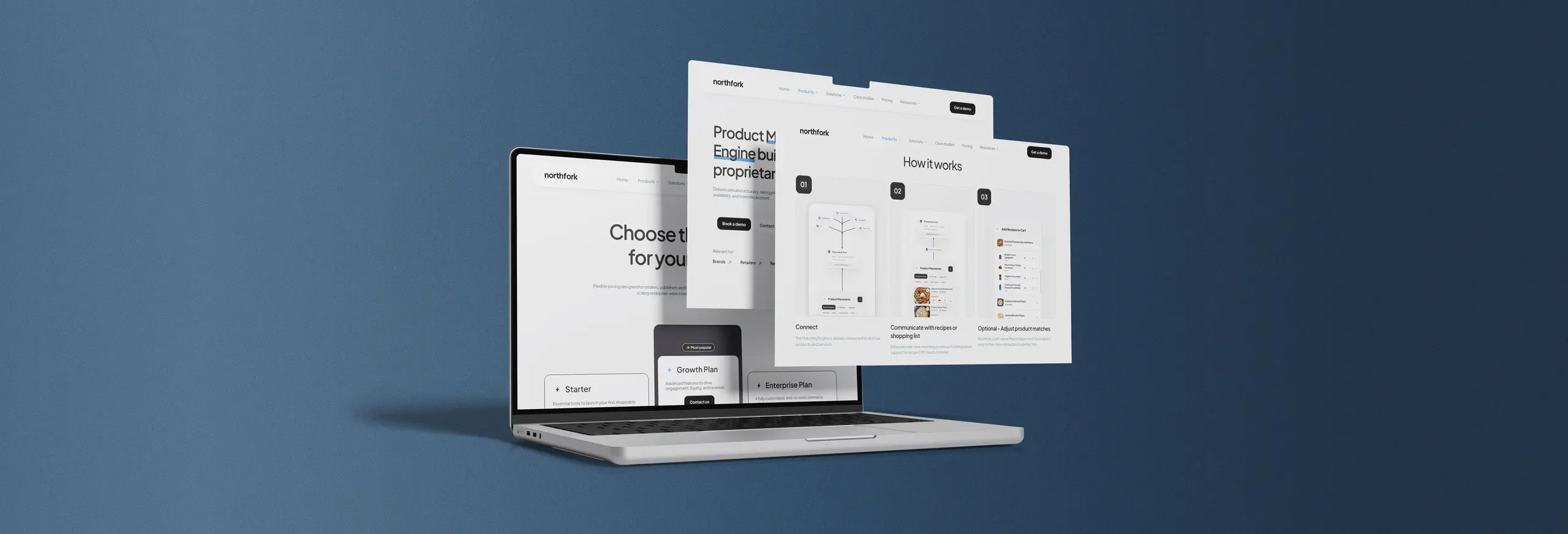 Het herontwerp van het enterprise SaaS-platform van Northfork getoond op een laptop, waarbij hun productecosysteem voor retailers en merken wordt benadrukt.
