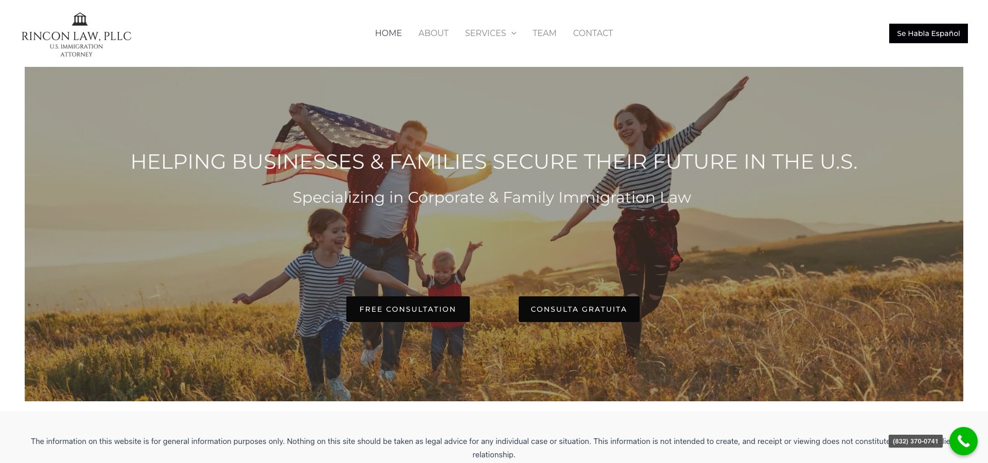 La página de inicio de Rincon Law con el titular «Helping businesses & families secure their future in the U.S.»