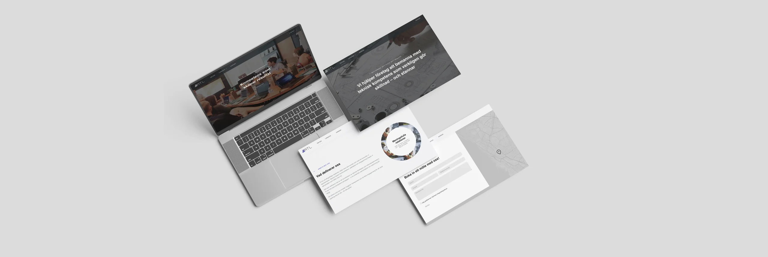 Portafolio de diseño web de CaptivateClick que muestra el proyecto del sitio web de RTL Consulting en maquetas de portátil e impresas.