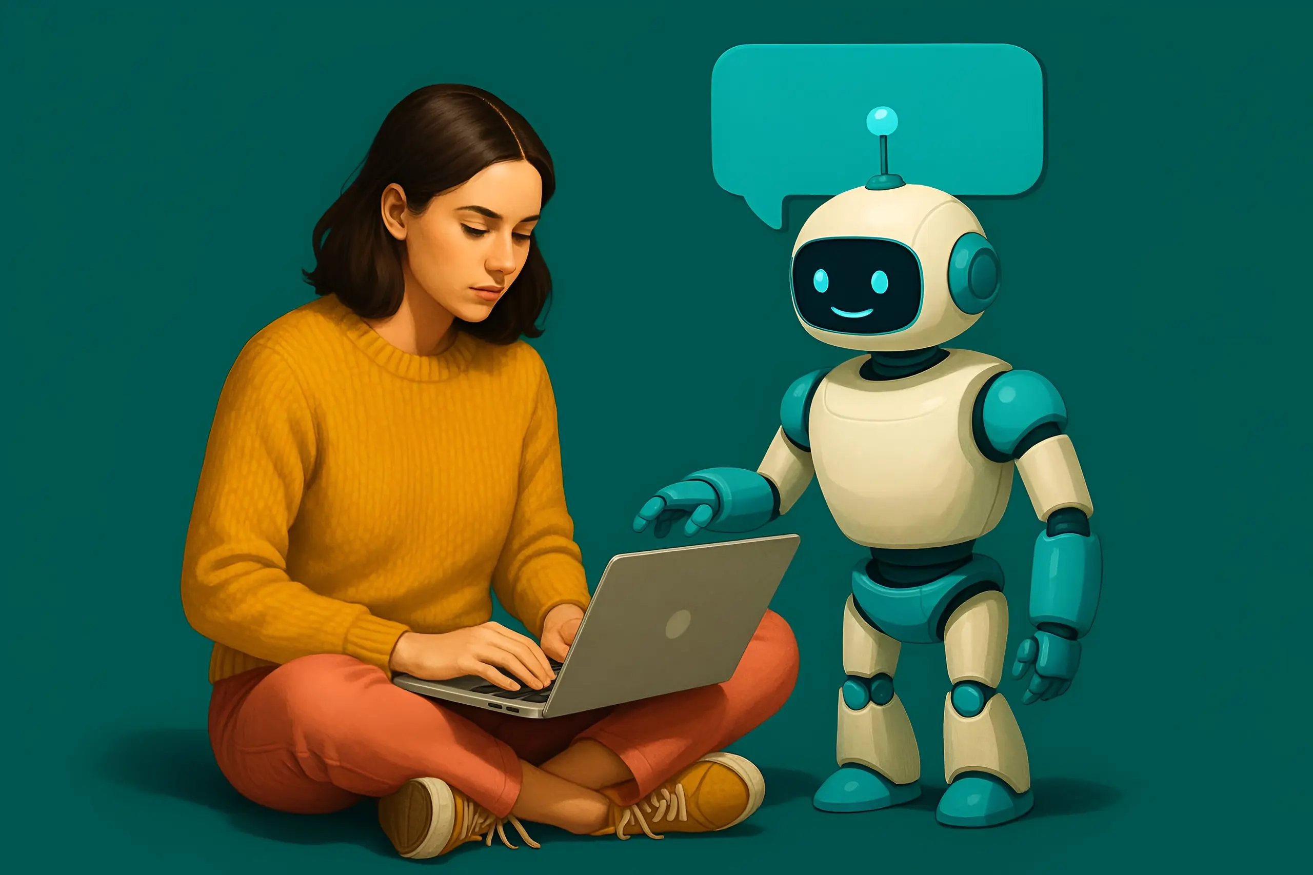 Woman with laptop and friendly robot