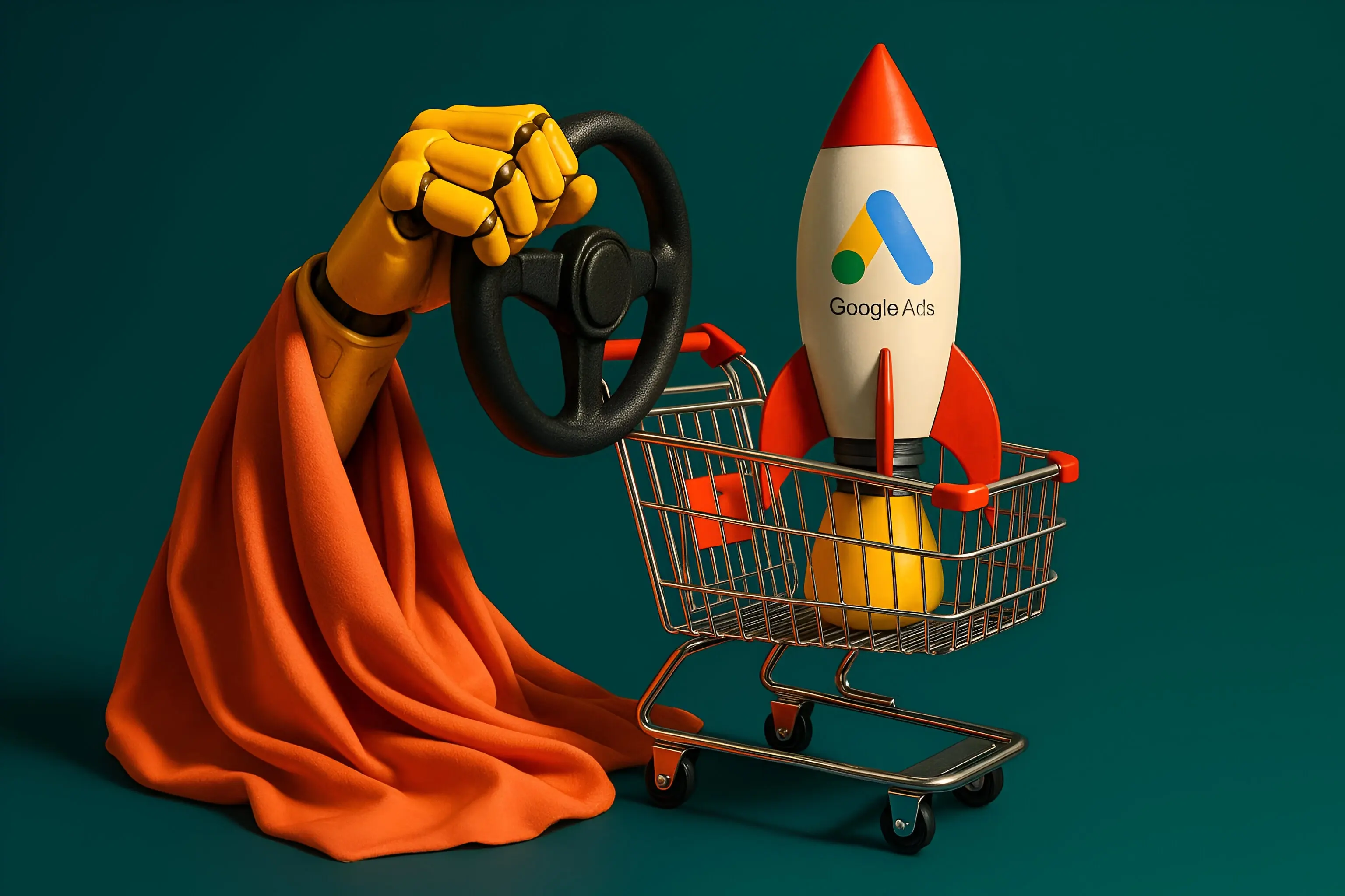Bras robotisé pilotant une fusée Google Ads