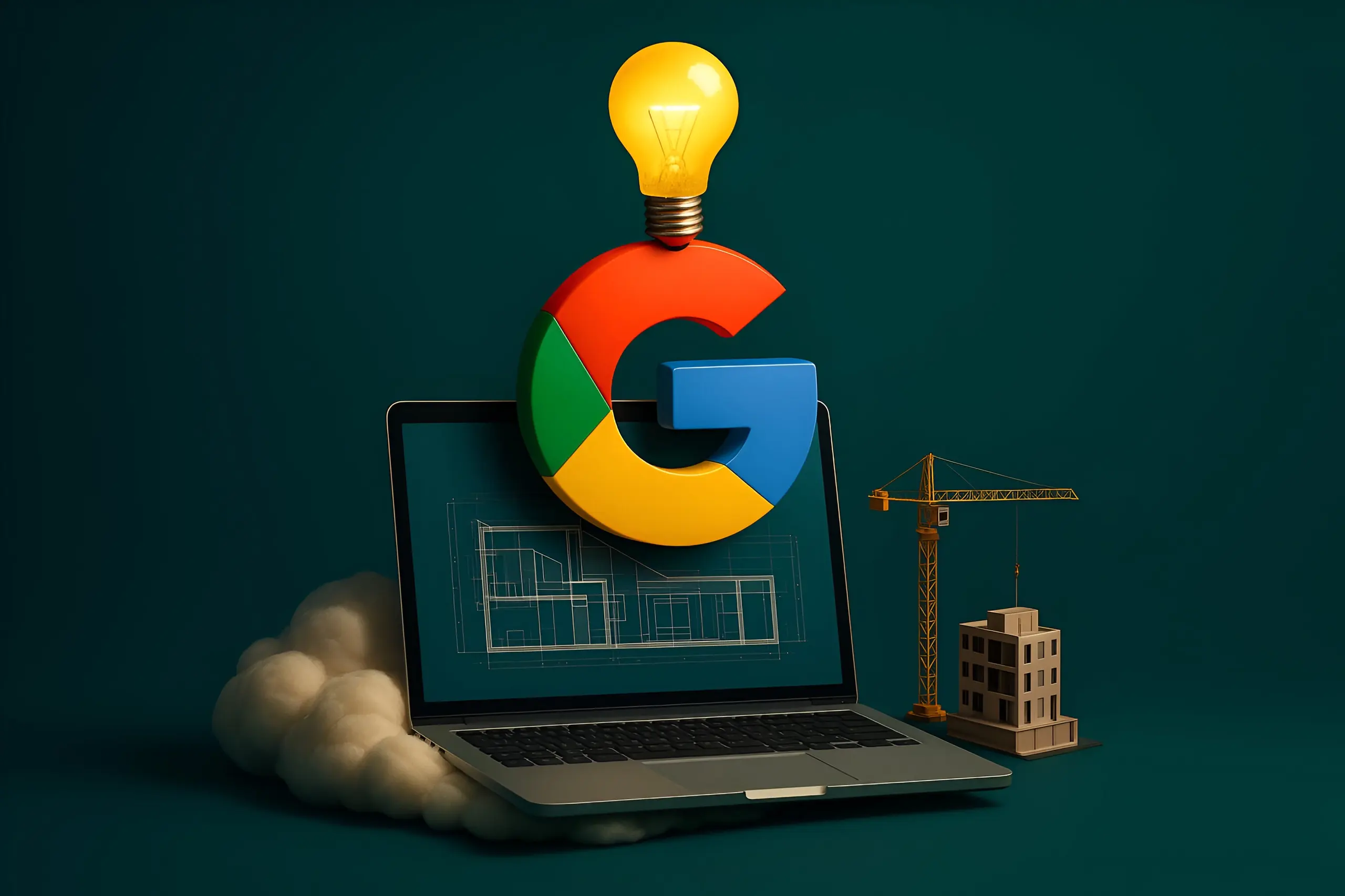 Logo de Google junto a un portátil y herramientas de construcción