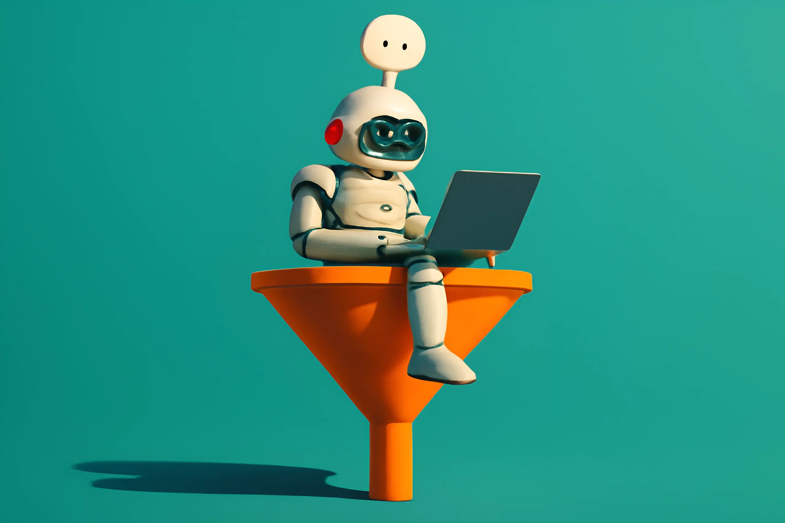Robot med bärbar dator framför en marknadsföringstratt