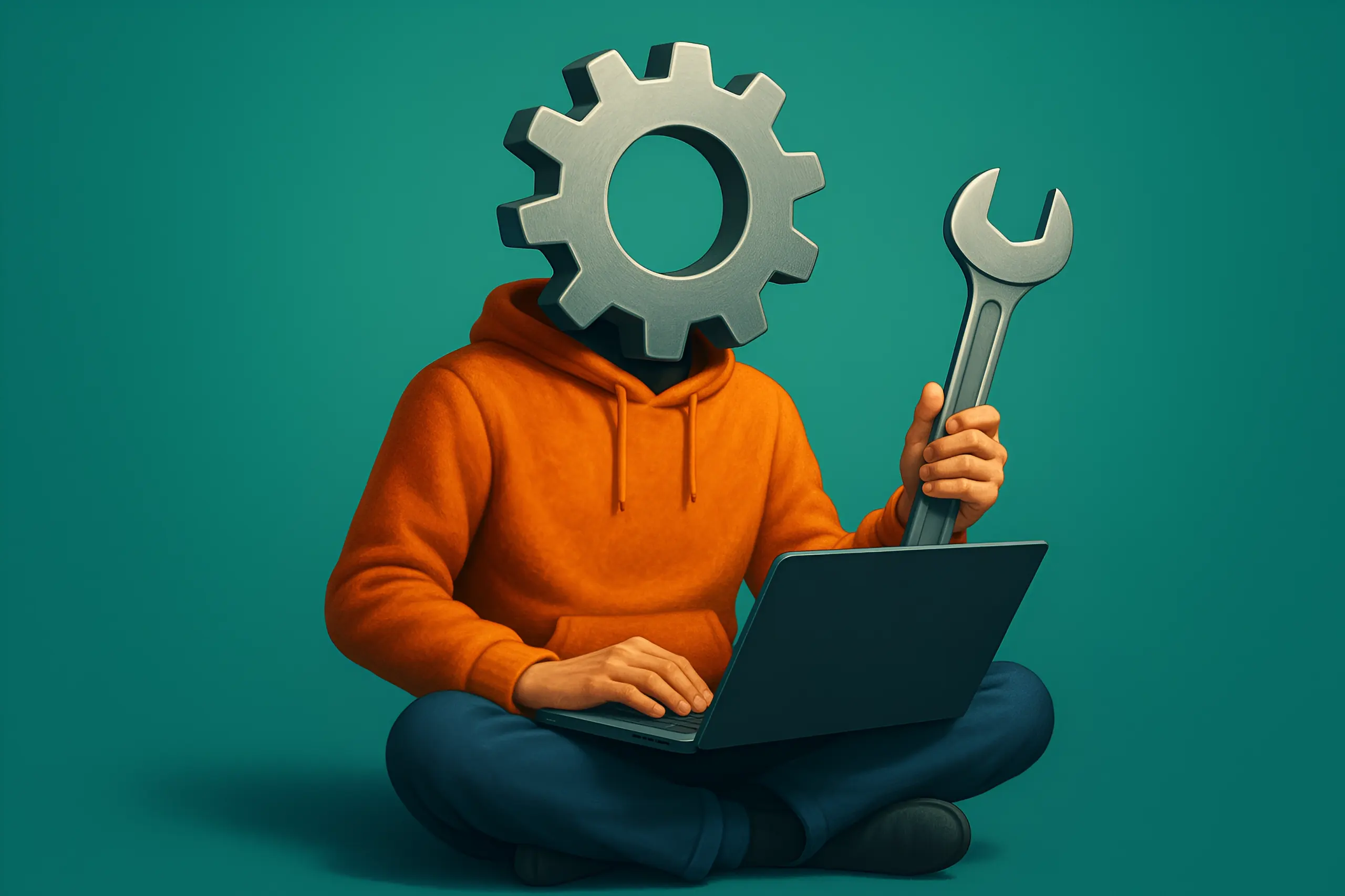 Person with gear head using laptop
