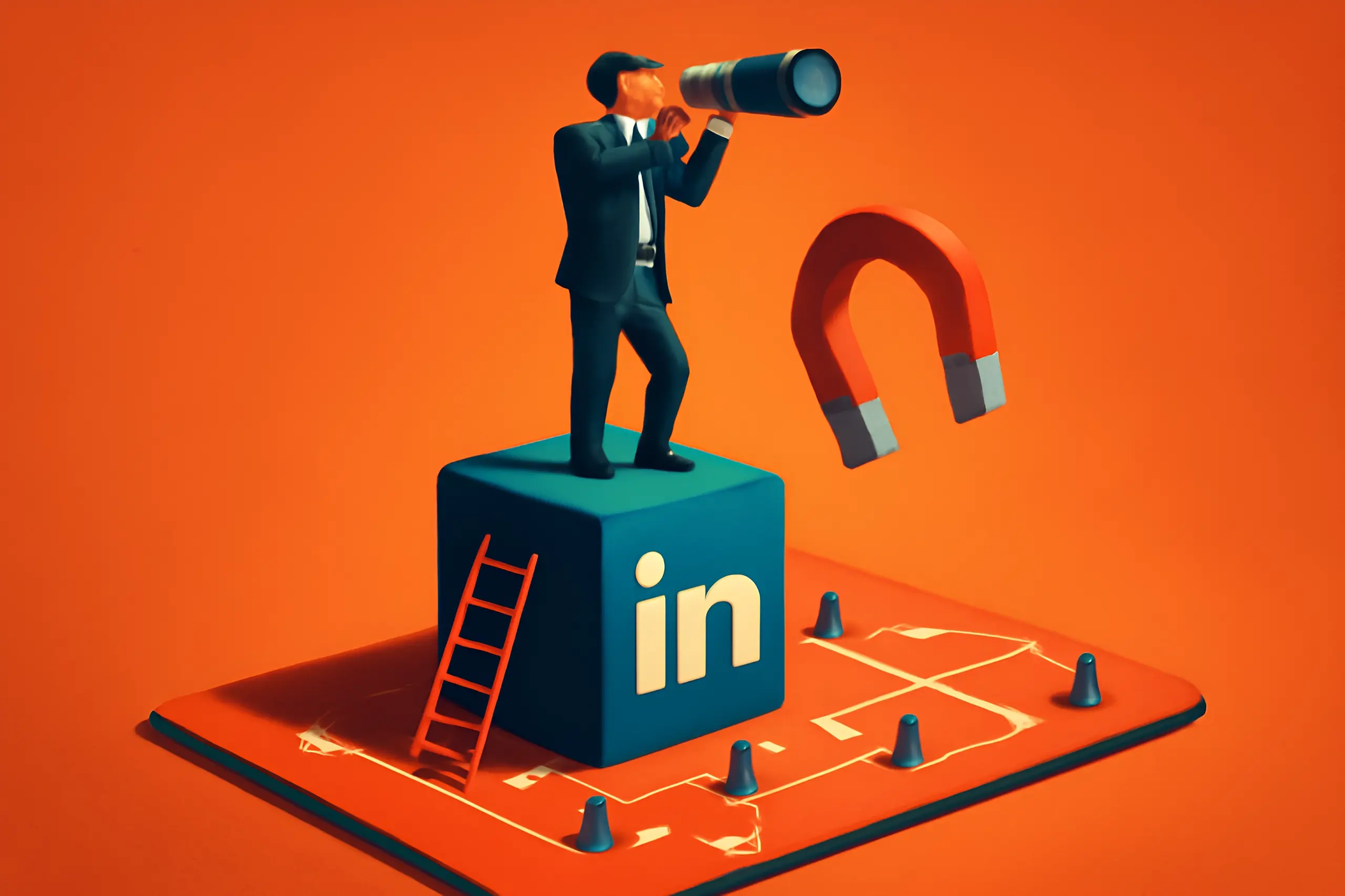 Businessman with telescope on LinkedIn block